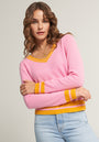 Pink cashmere V-neck sweater with orange contrast stripes