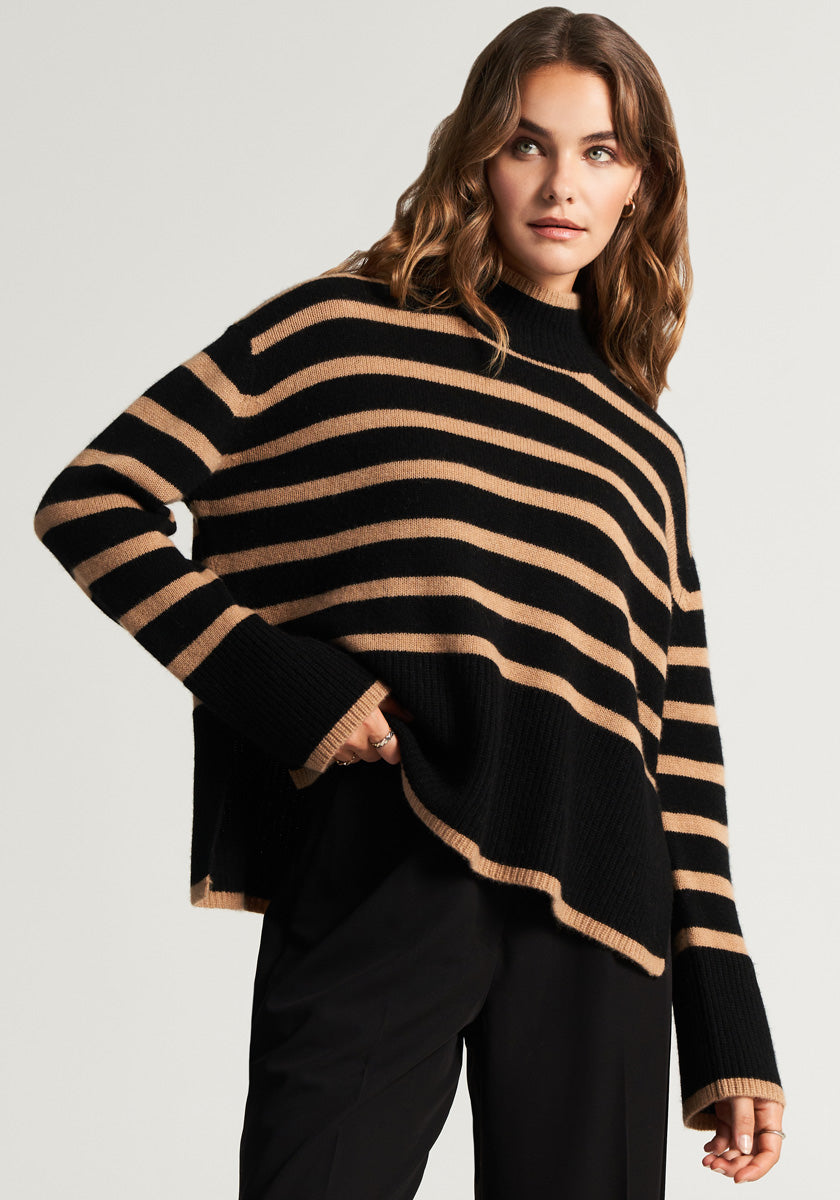 Striped knitted sweater with stand-up collar