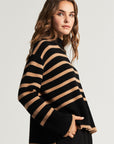 Striped knitted sweater with stand-up collar