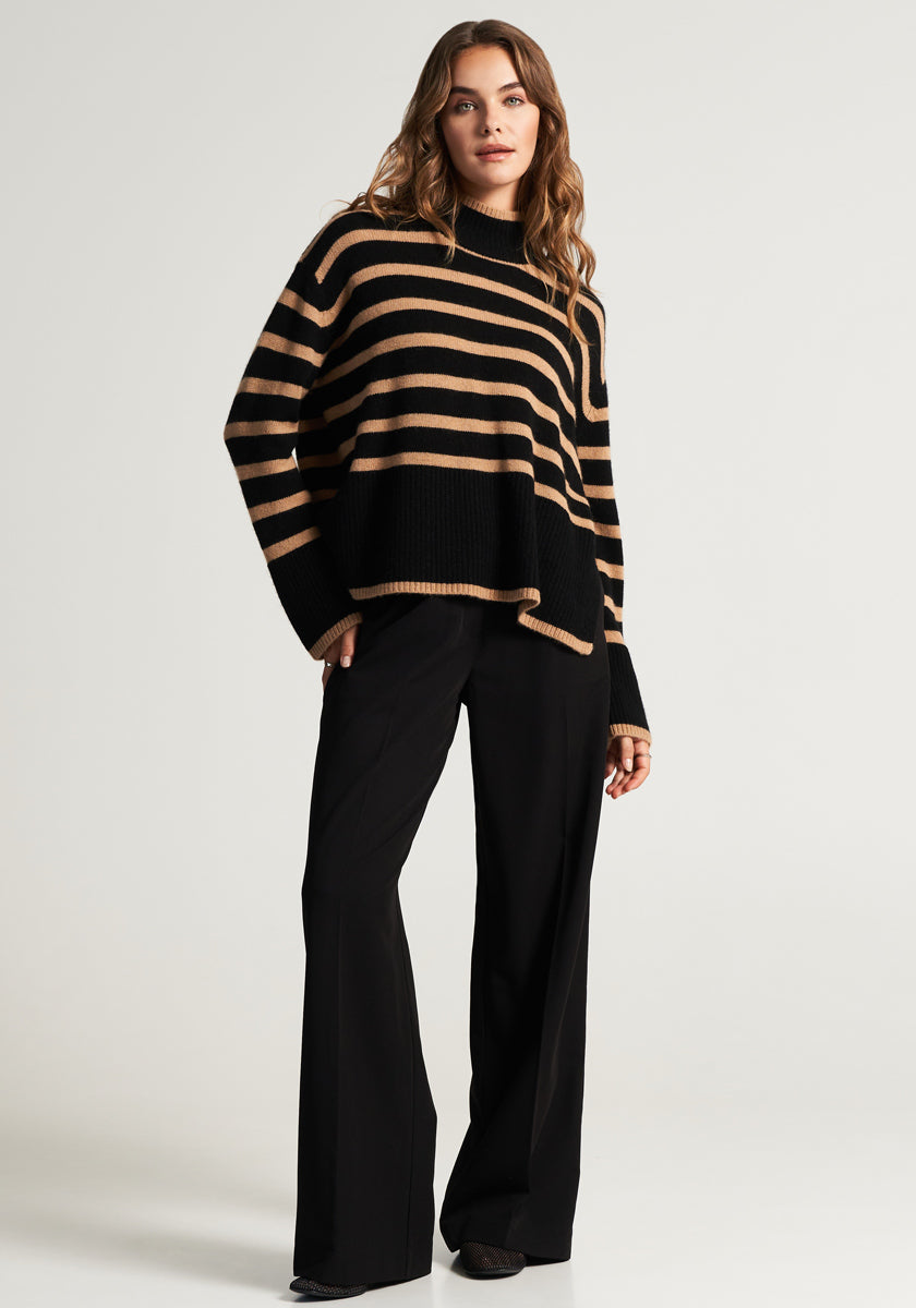 Striped knitted sweater with stand-up collar