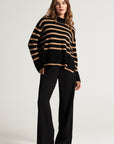 Striped knitted sweater with stand-up collar