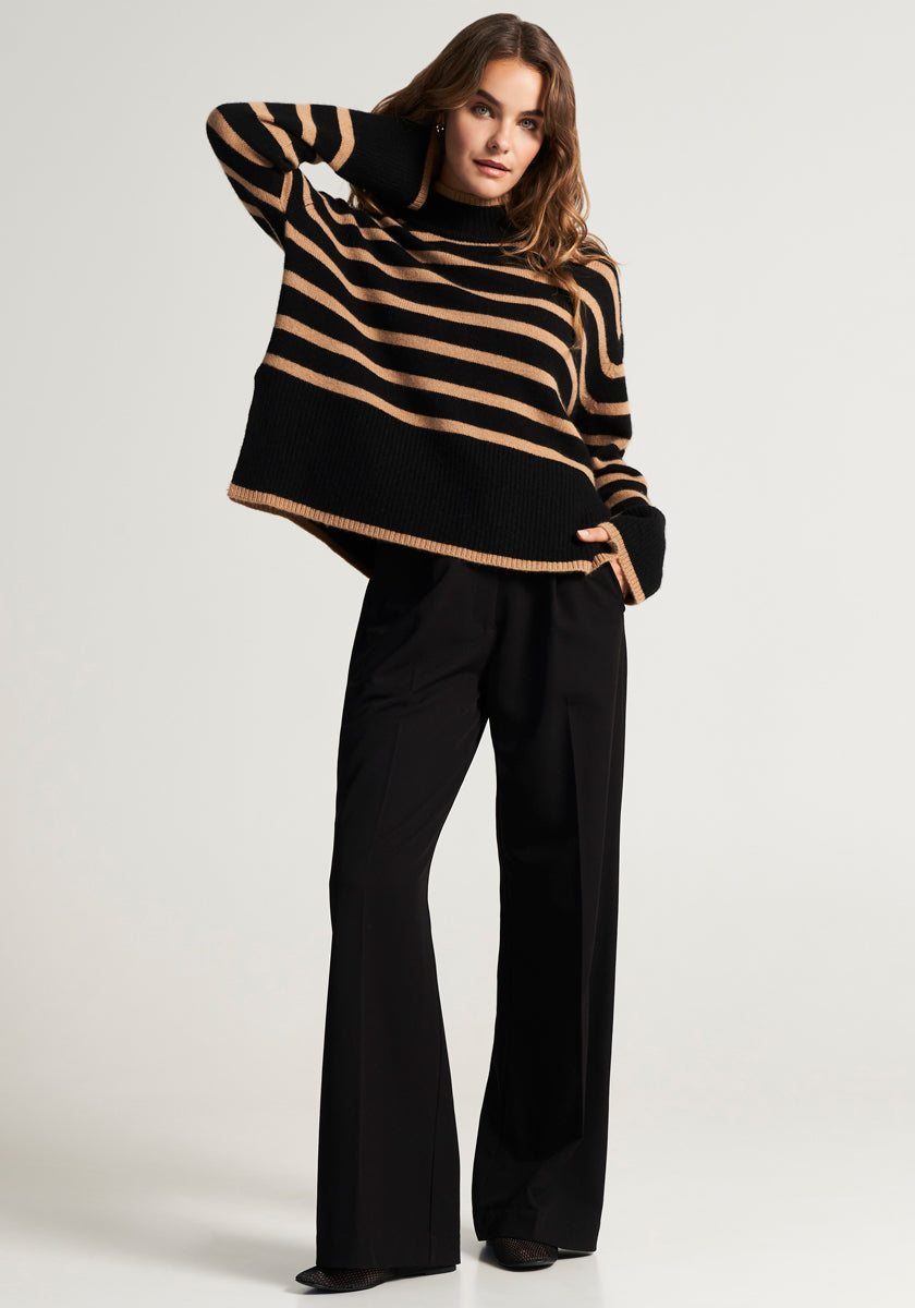 Striped knitted sweater with stand-up collar