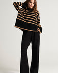 Striped knitted sweater with stand-up collar