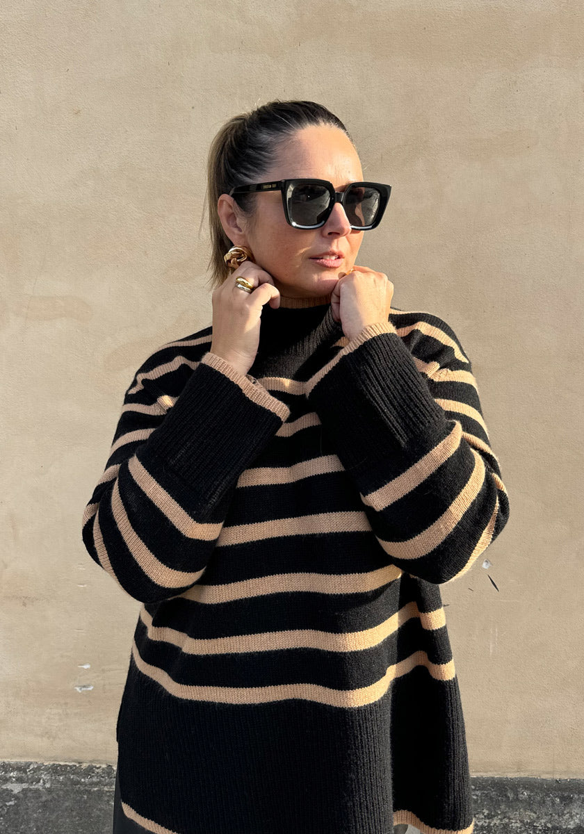 Striped knitted sweater with stand-up collar