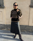 Striped knitted sweater with stand-up collar