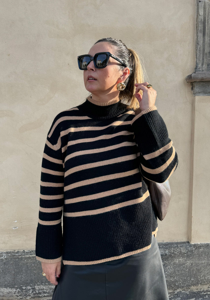 Striped knitted sweater with stand-up collar