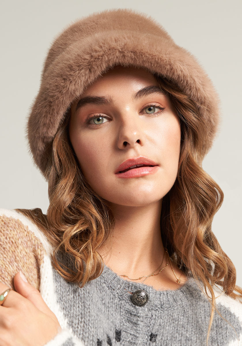 Brown faux fur fisherman hat