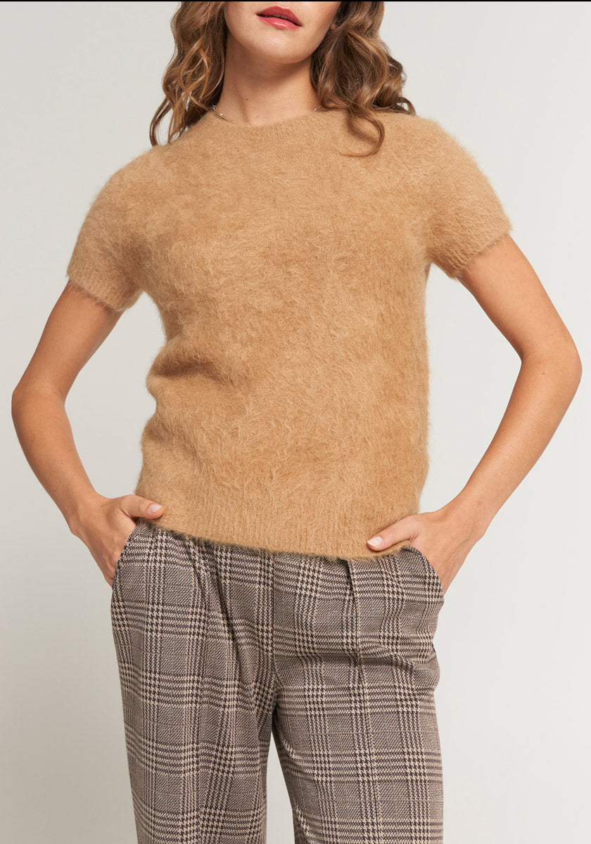 Beige wideleg pants with check pattern