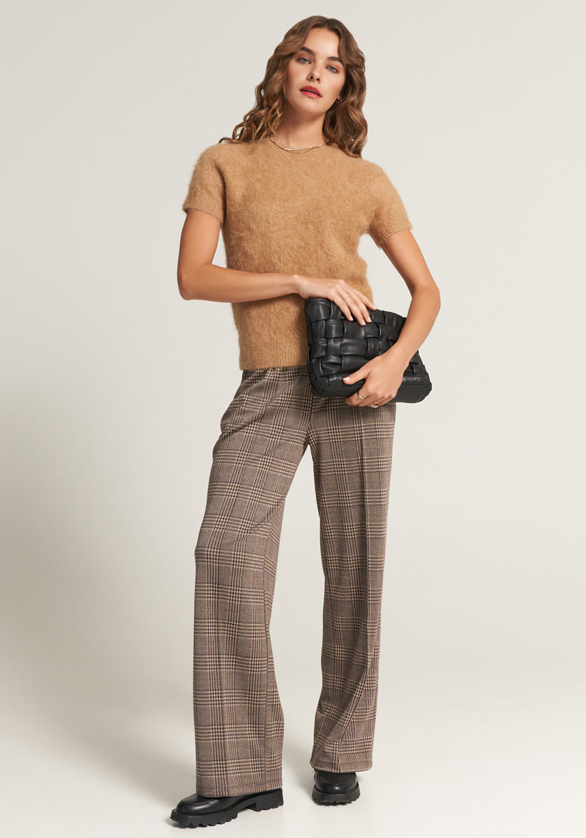 Beige wideleg pants with check pattern