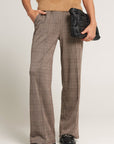 Beige wideleg pants with check pattern