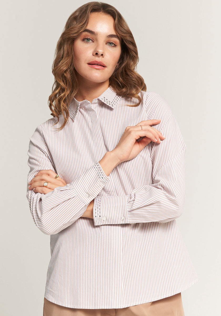 Beige striped shirt with decoration