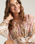 Silk blouse with ornamental print and ruffles