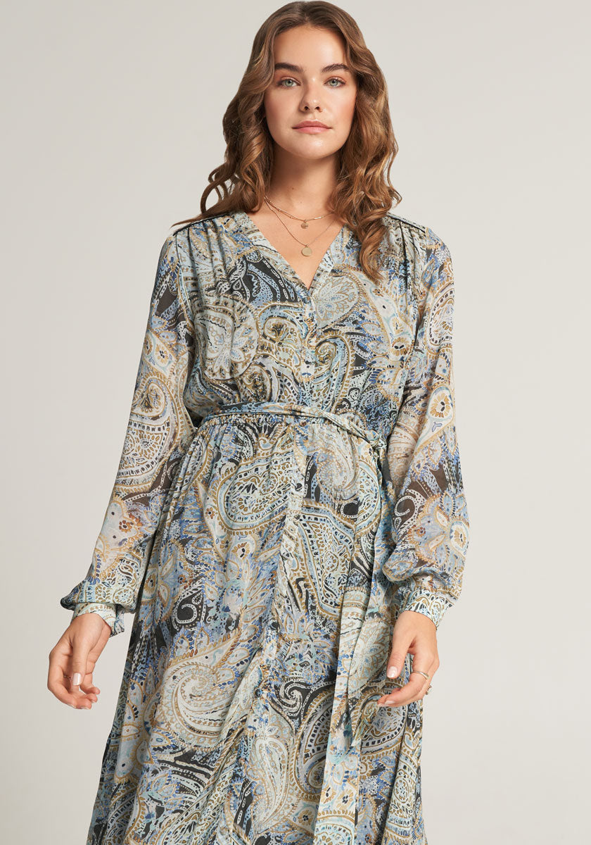 Midi dress with belt and paisley print