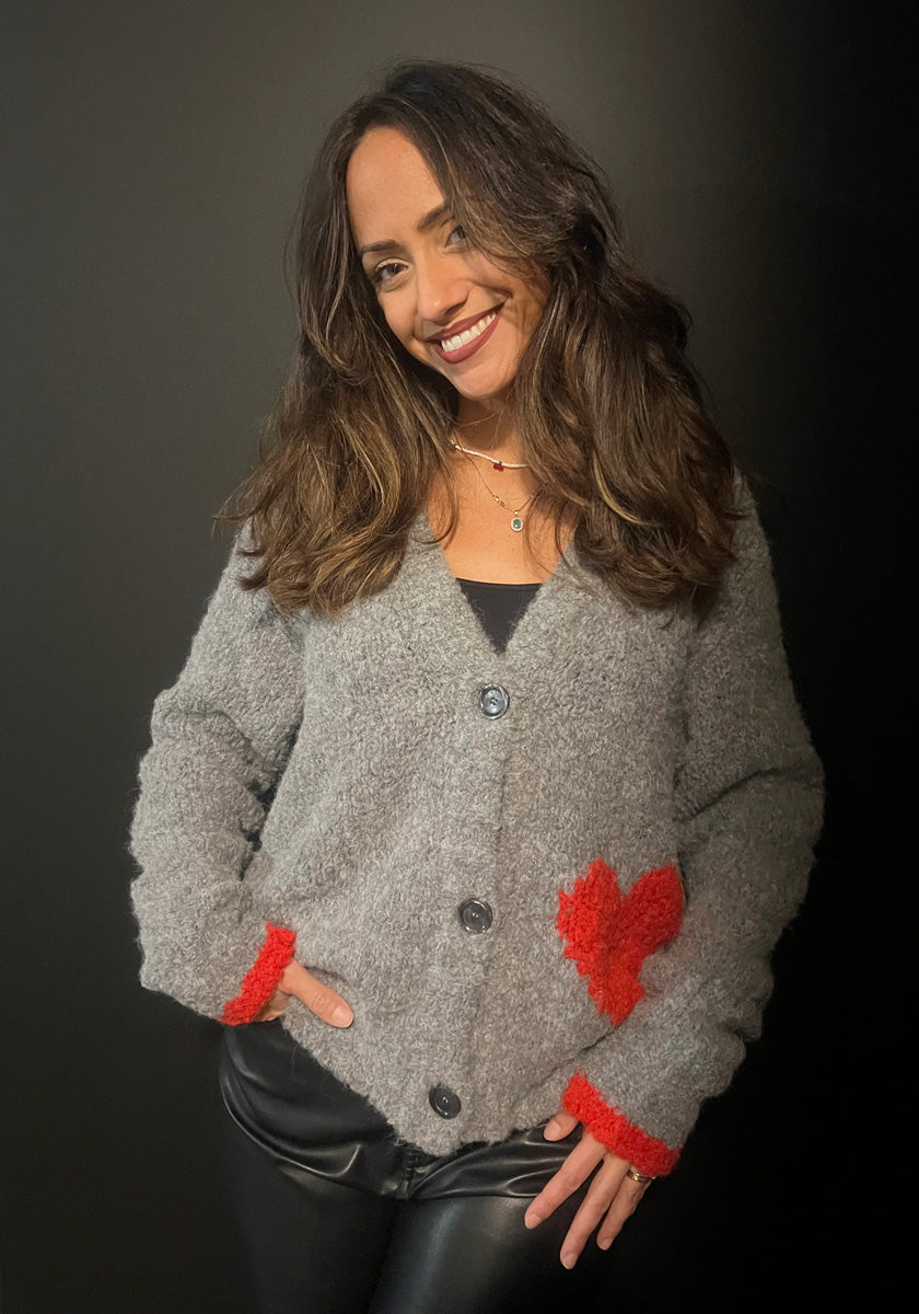 Fluffy cardigan with heart print