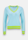 Light blue cashmere V-neck sweater with green contrast stripes