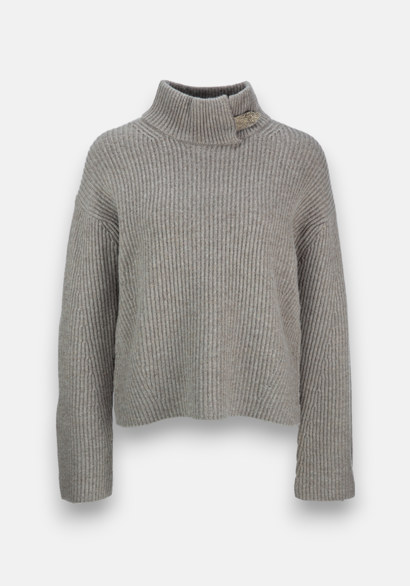 Brauner Pullover mit Deko Stehkragen