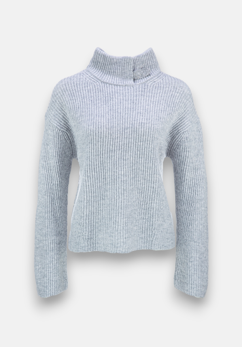 Light grey sweater with decorative stand-up collar