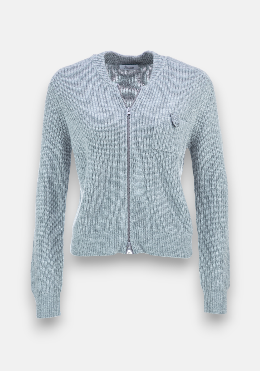 Grey cardigan with zipper and decoration