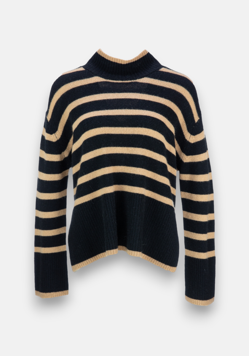 Striped knitted sweater with stand-up collar