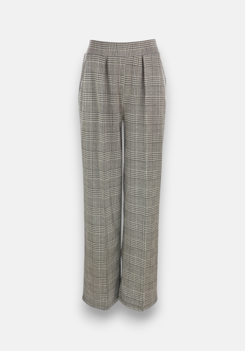 Beige wideleg pants with check pattern