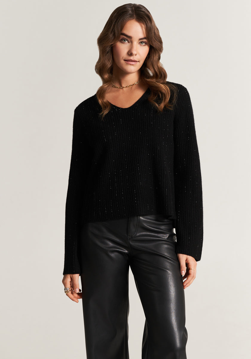 V-neck sweater with rhinestone decoration