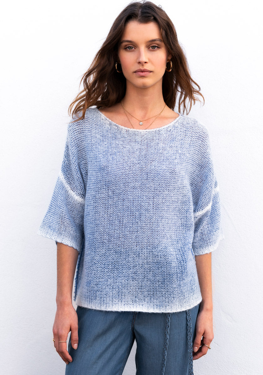 Blauer Kurzarm-Pullover im Used-Look