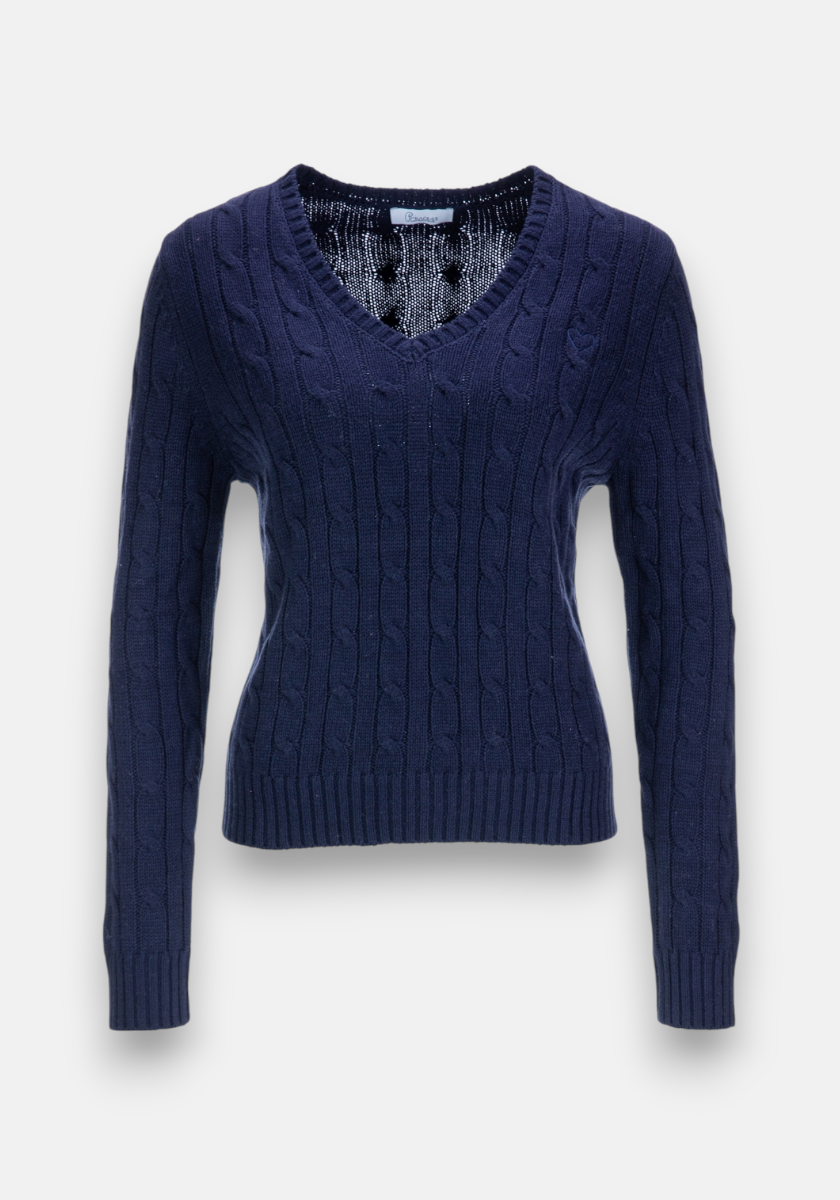 Navy V-Pullover aus Zopfstrick