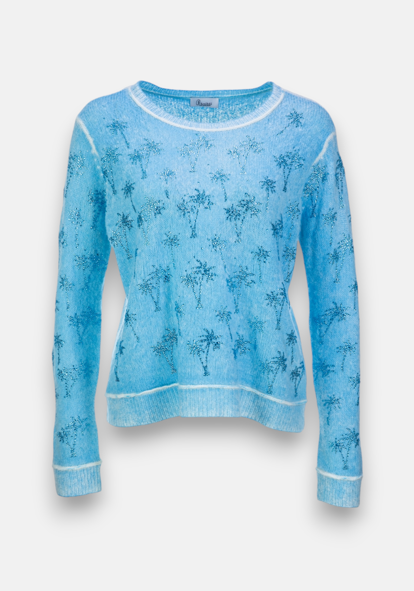 Sweater with palm trees and rhinestone decoration