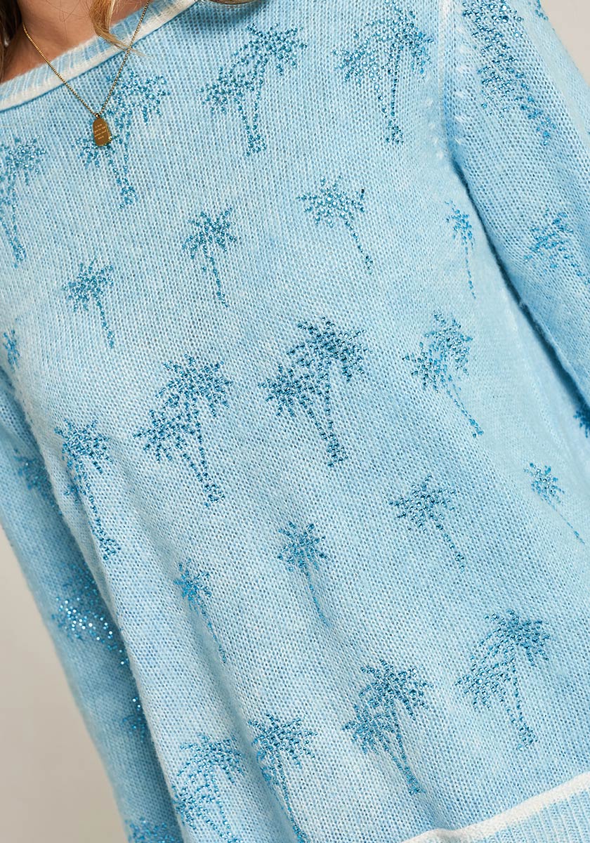 Sweater with palm trees and rhinestone decoration