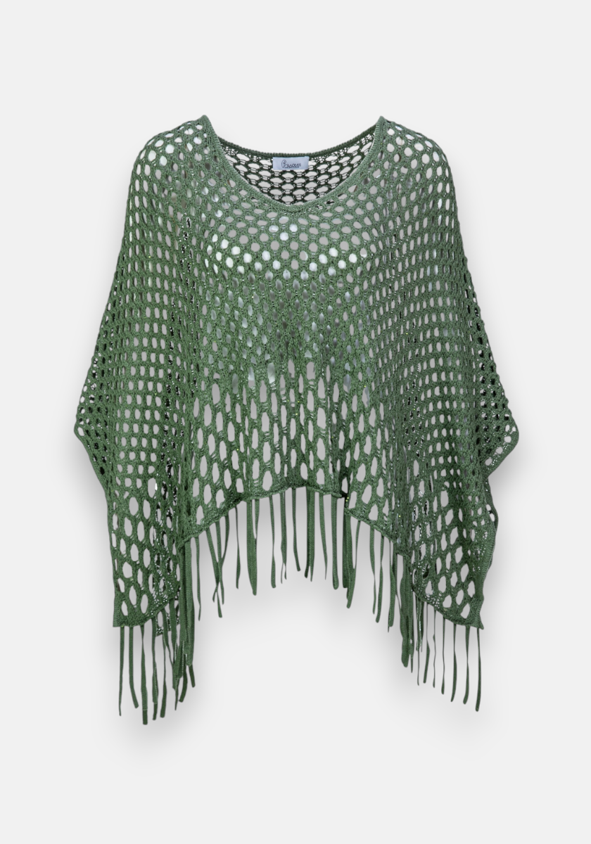 Poncho with net pattern and fringes