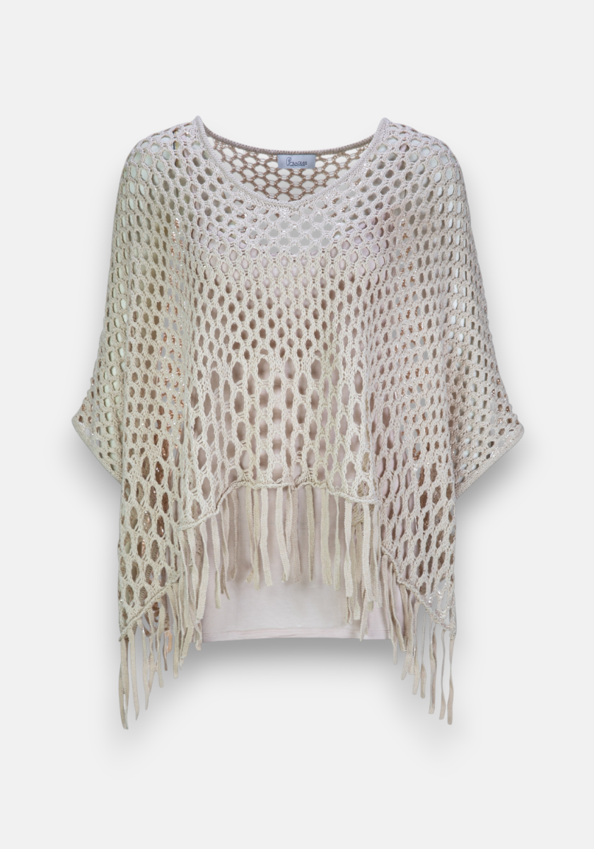 Poncho with net pattern and fringes