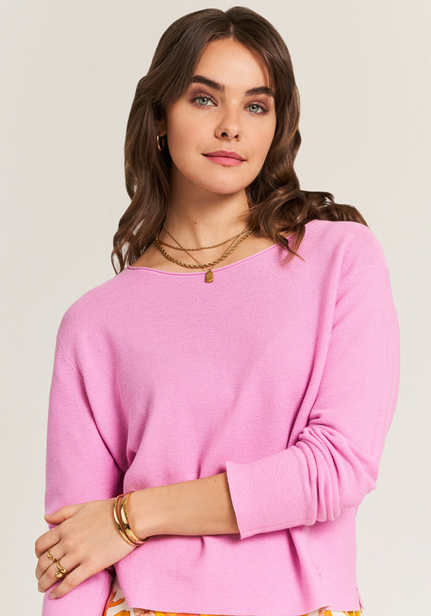 Pink fine knit sweater with rhinestone detail