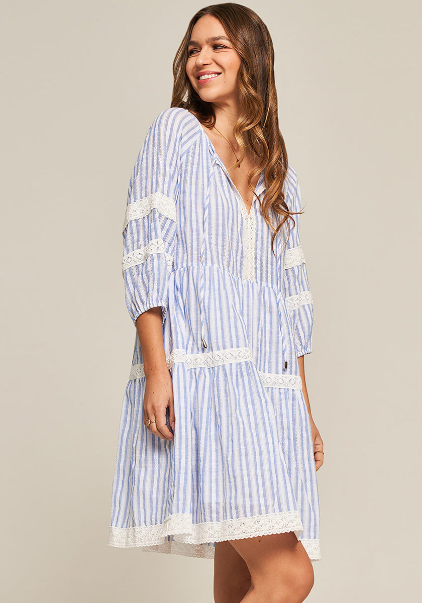 Blue striped cotton dress with embroidery