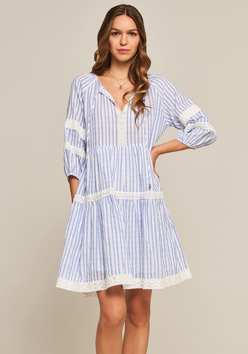 Blue striped cotton dress with embroidery