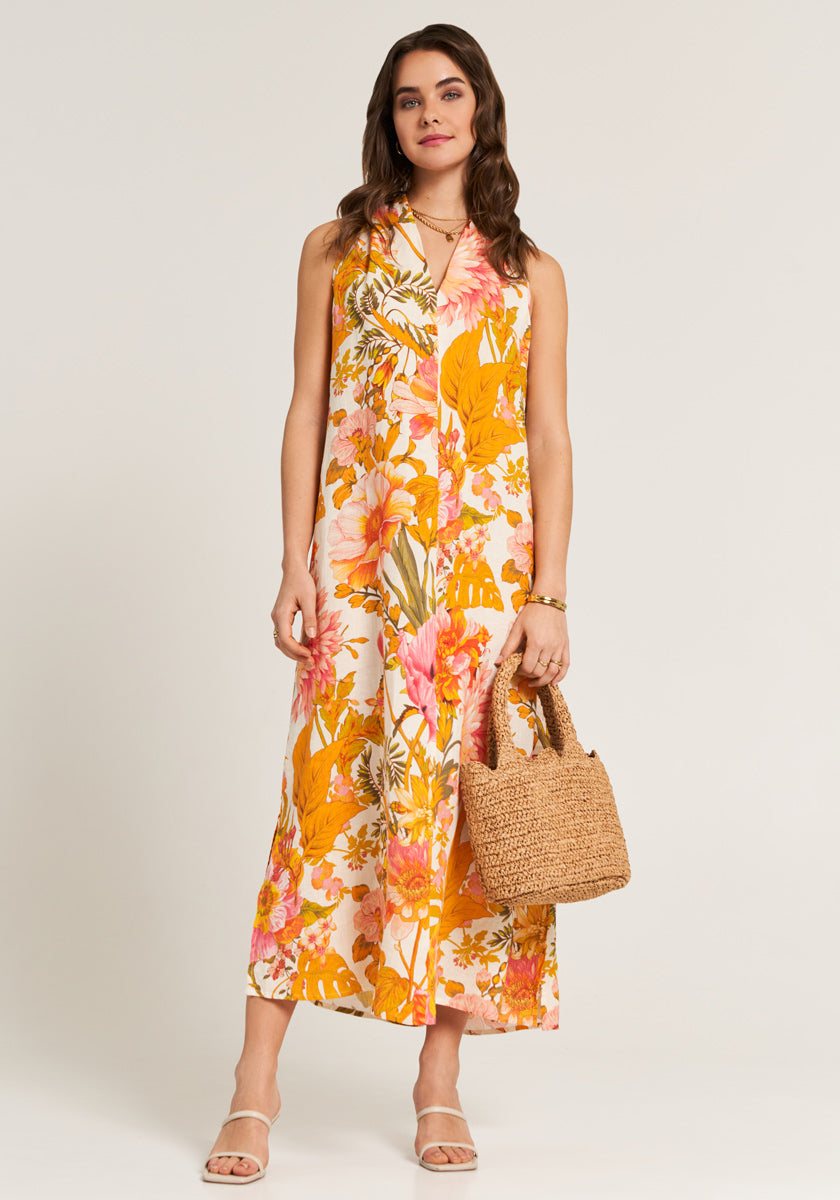 Sleeveless Linen Dress Flower Garden