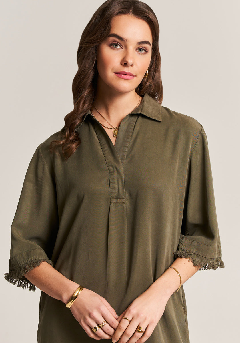 Green Lyocell Dress with Fringes