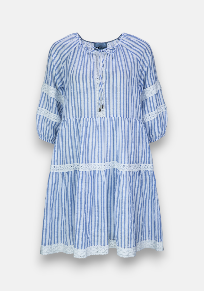 Blue striped cotton dress with embroidery